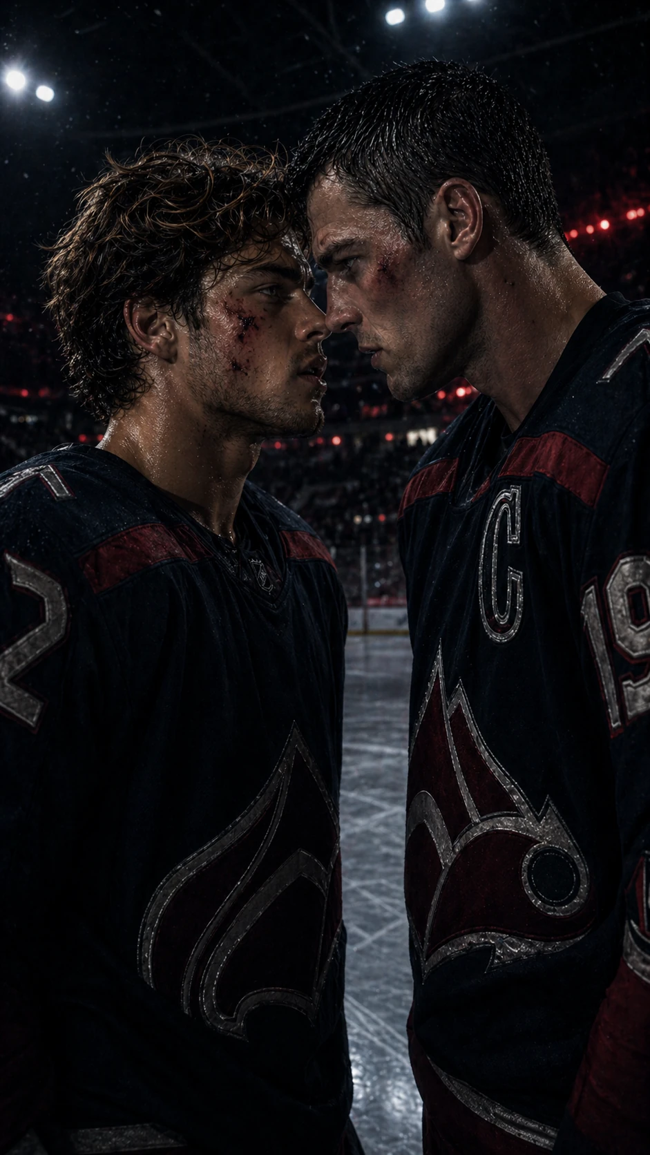 Damien Voss and Remy Harper facing each other on the ice